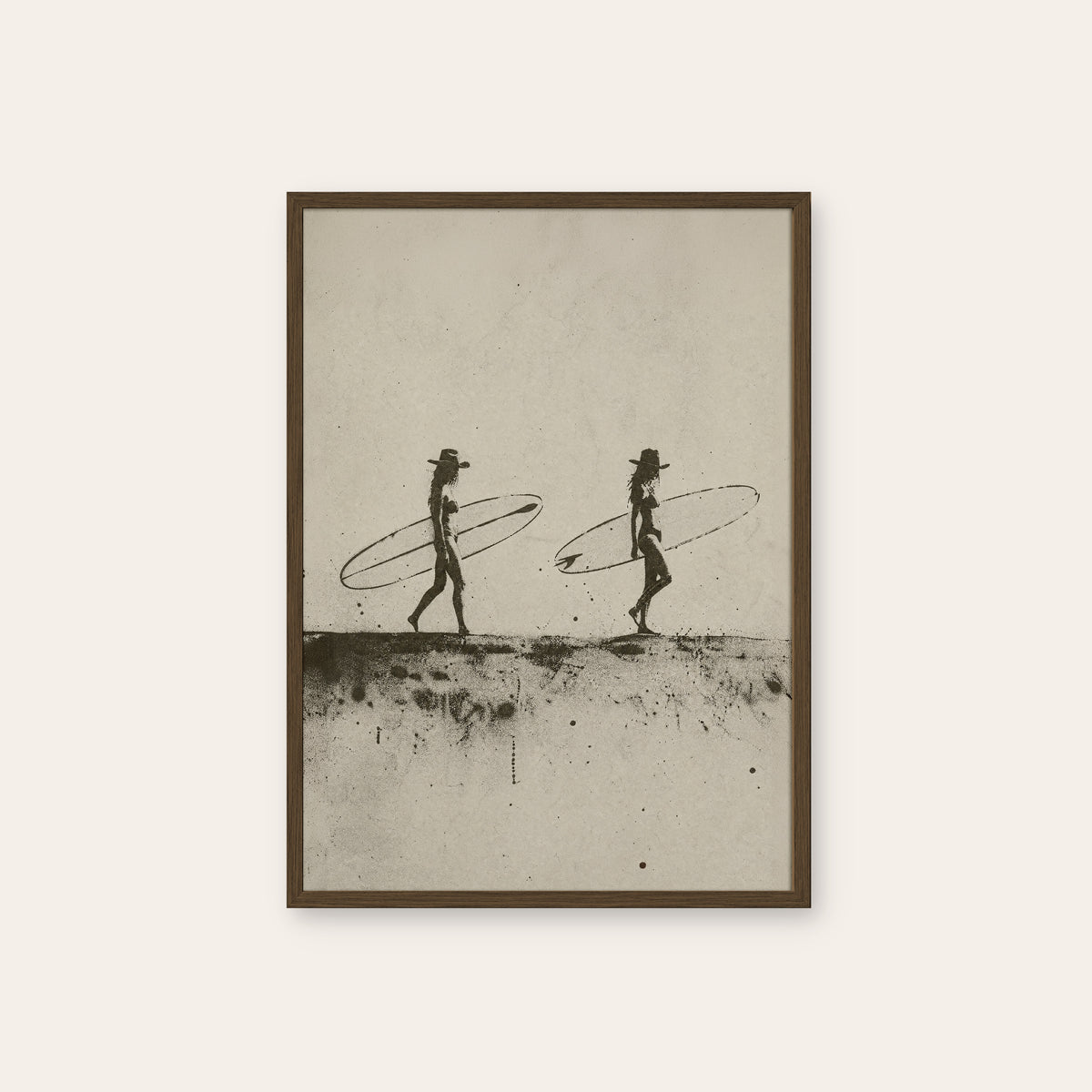 Cowgirl Surfers western print in a dark wood frame