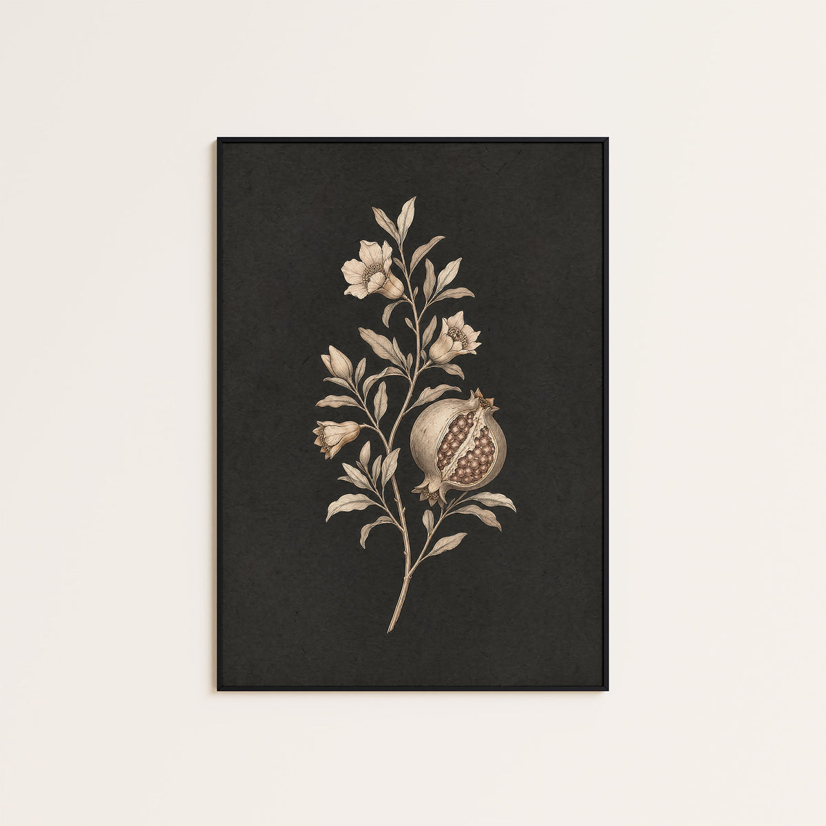 Pomegranate Study - Charcoal Botanical Print - framed artwork overview