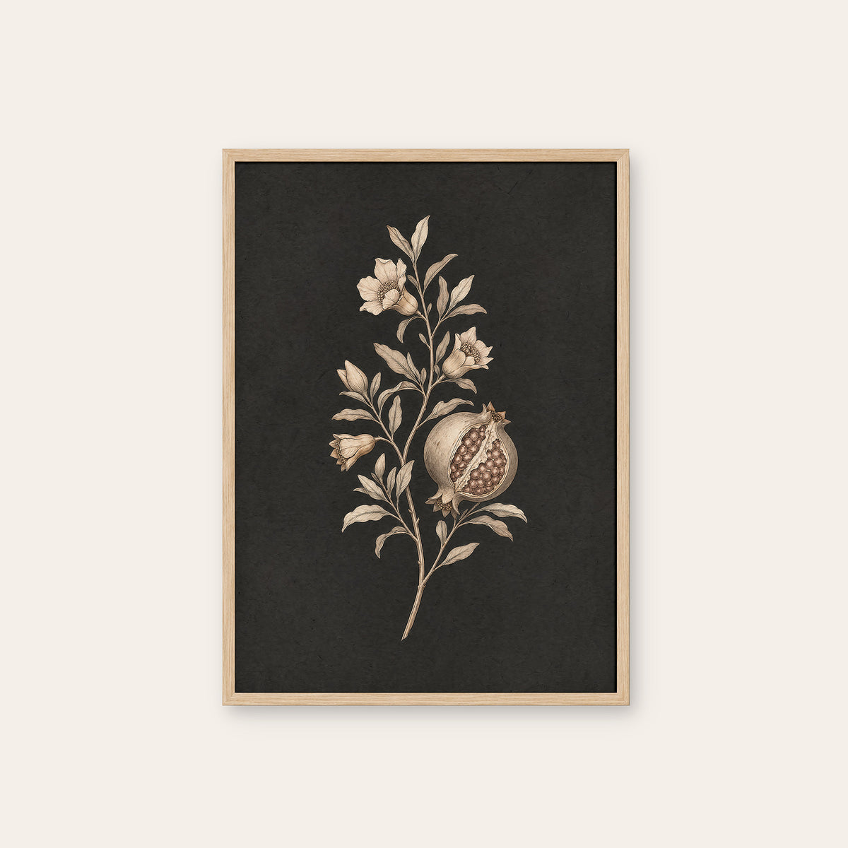 Pomegranate Study - Charcoal Botanical Print - natural wood frame