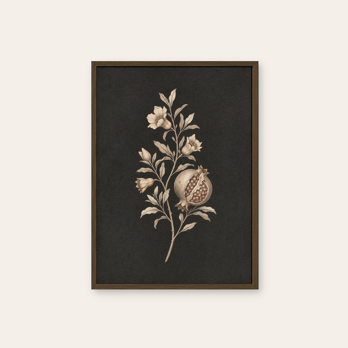 Pomegranate Study - Charcoal Botanical Print - dark wood frame