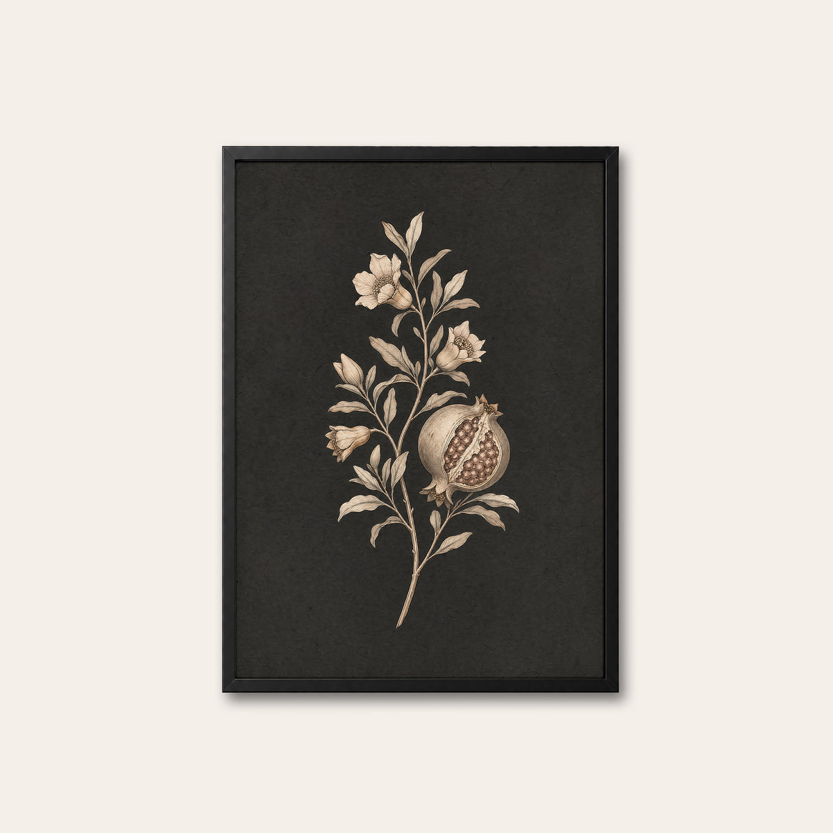 Pomegranate Study - Charcoal Botanical Print - black frame