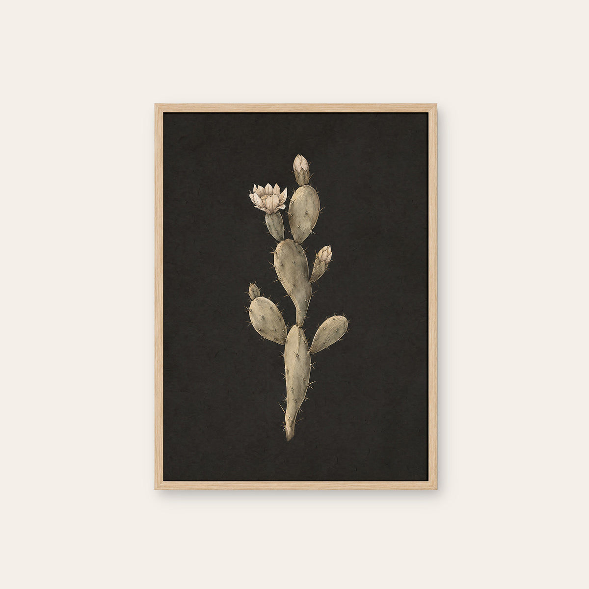 Prickly Pear Study - Charcoal Botanical Print - natural wood frame