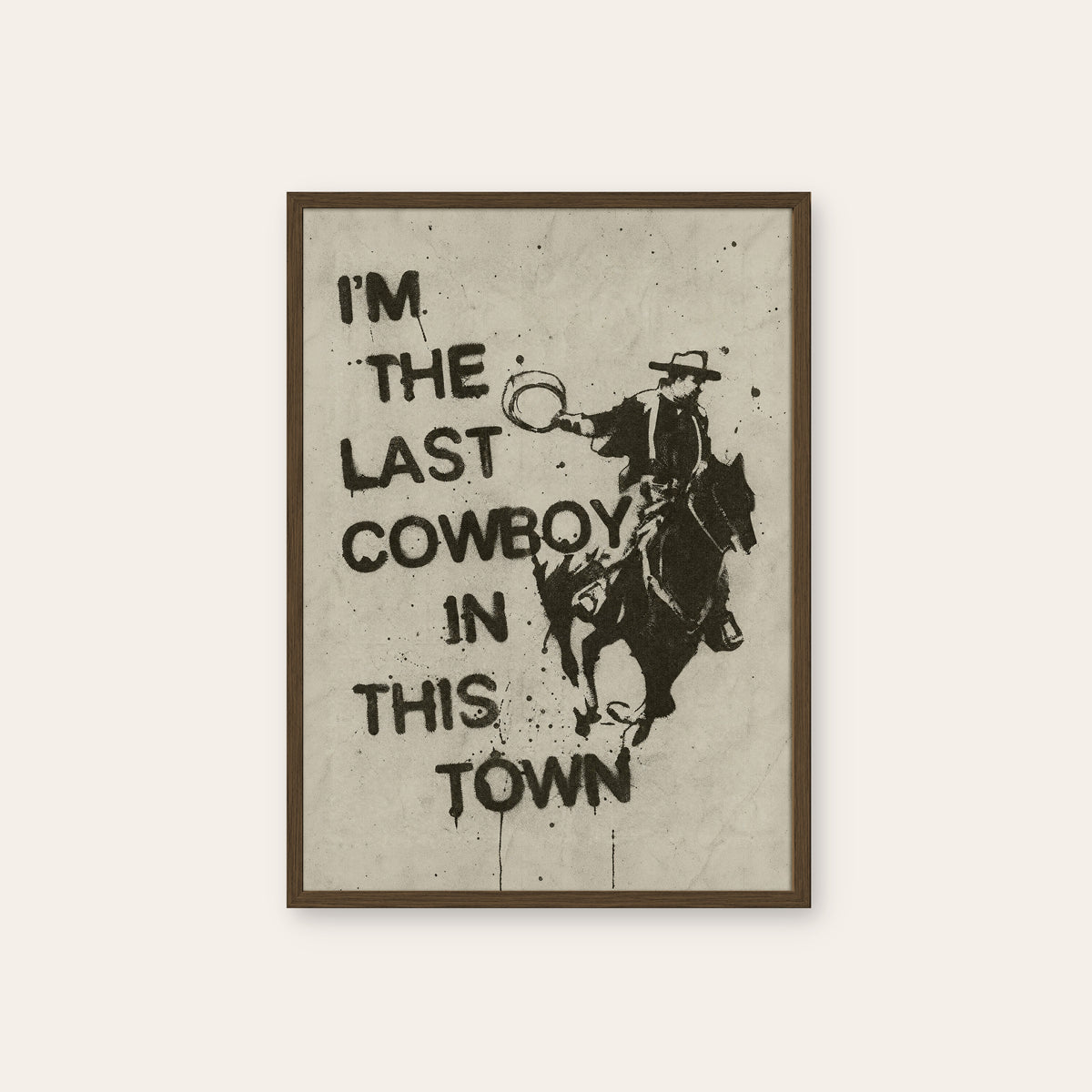 Last Cowboy in Town western print in a dark wood frame