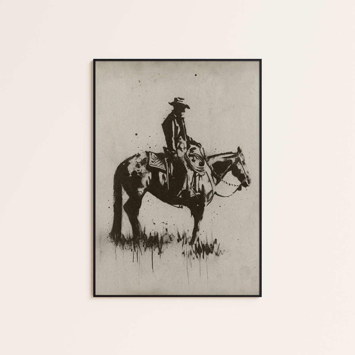 Lone Rider on the Range western print displayed in a slim black frame