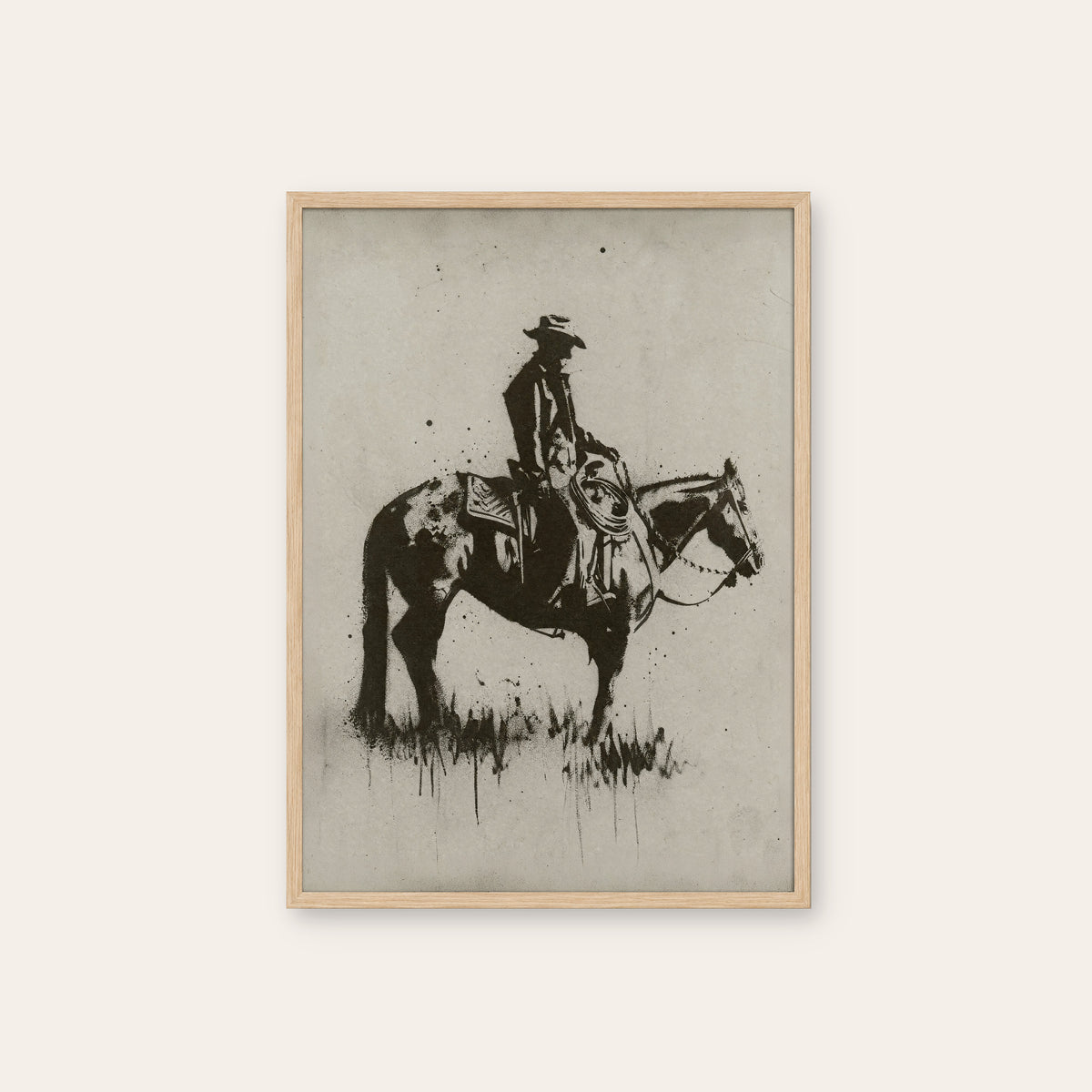 Lone Rider on the Range western print in a natural wood frame