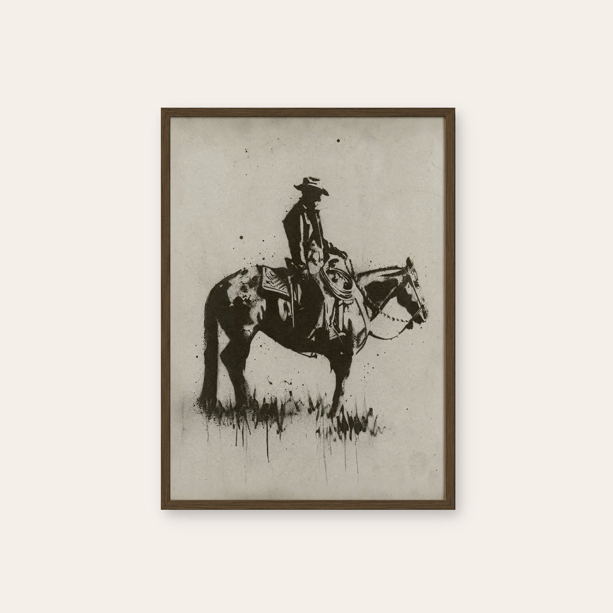 Lone Rider on the Range western print in a dark wood frame