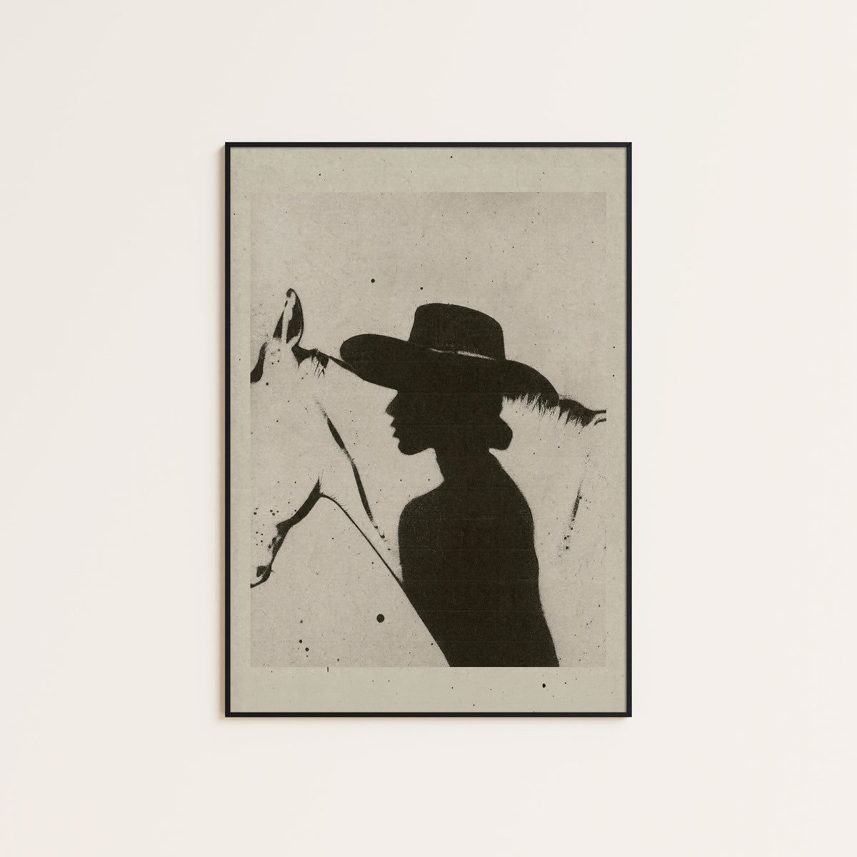 Cowgirl Silhouette western print displayed in a slim black frame
