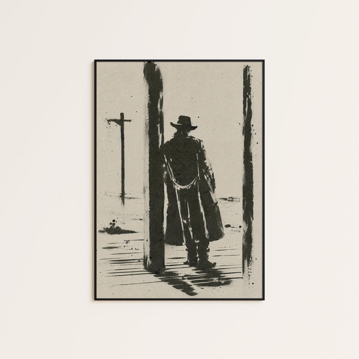 Waiting at the Post western print displayed in a slim black frame