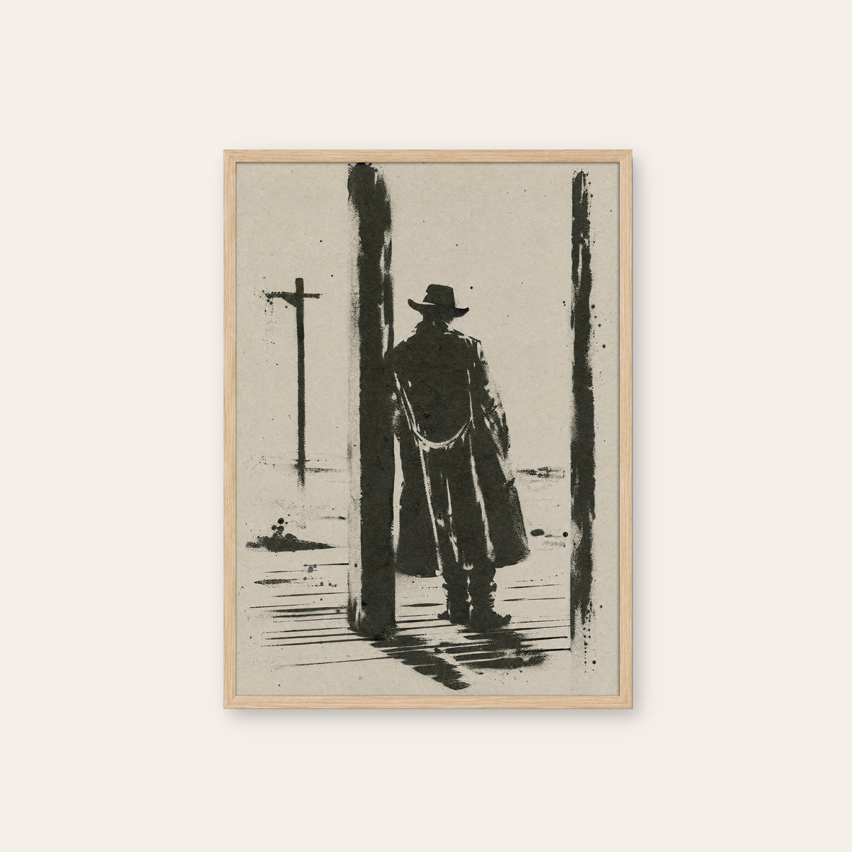 Waiting at the Post western print in a natural wood frame