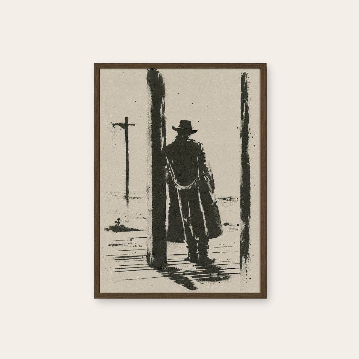 Waiting at the Post western print in a dark wood frame