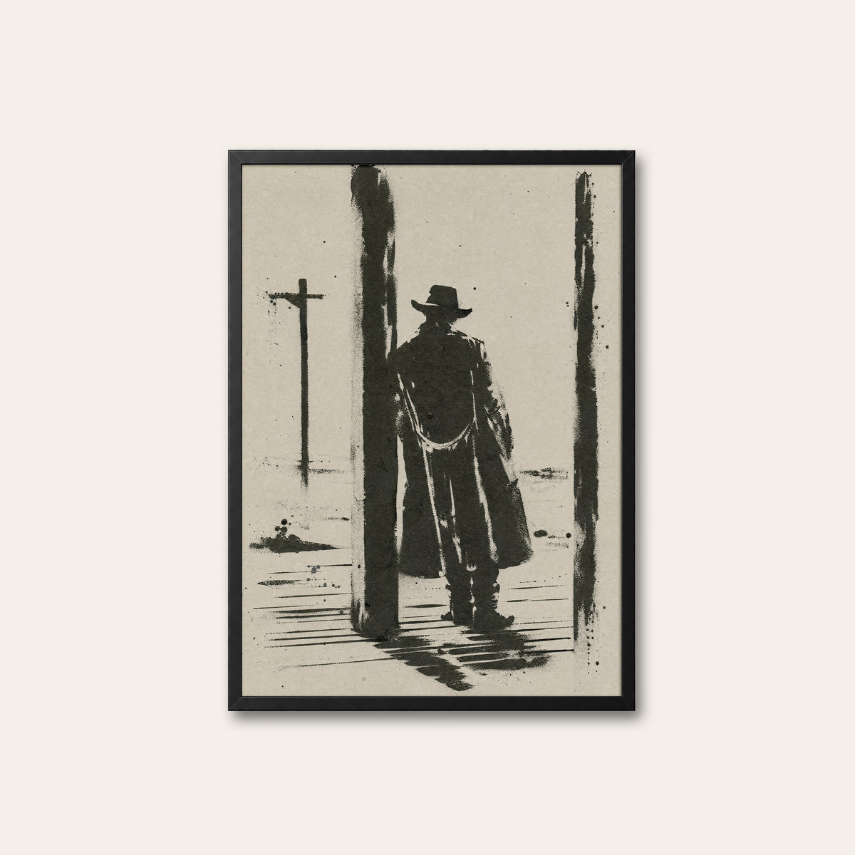 Waiting at the Post western print in a black frame