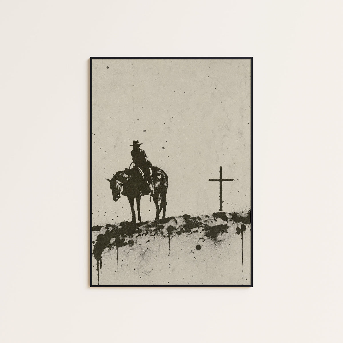 Rider at the Cross western print displayed in a slim black frame