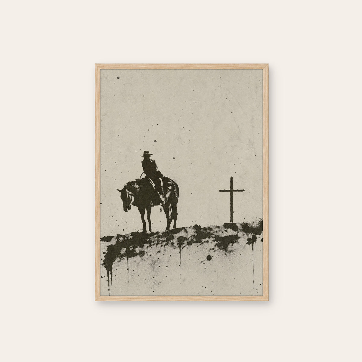 Rider at the Cross western print in a natural wood frame