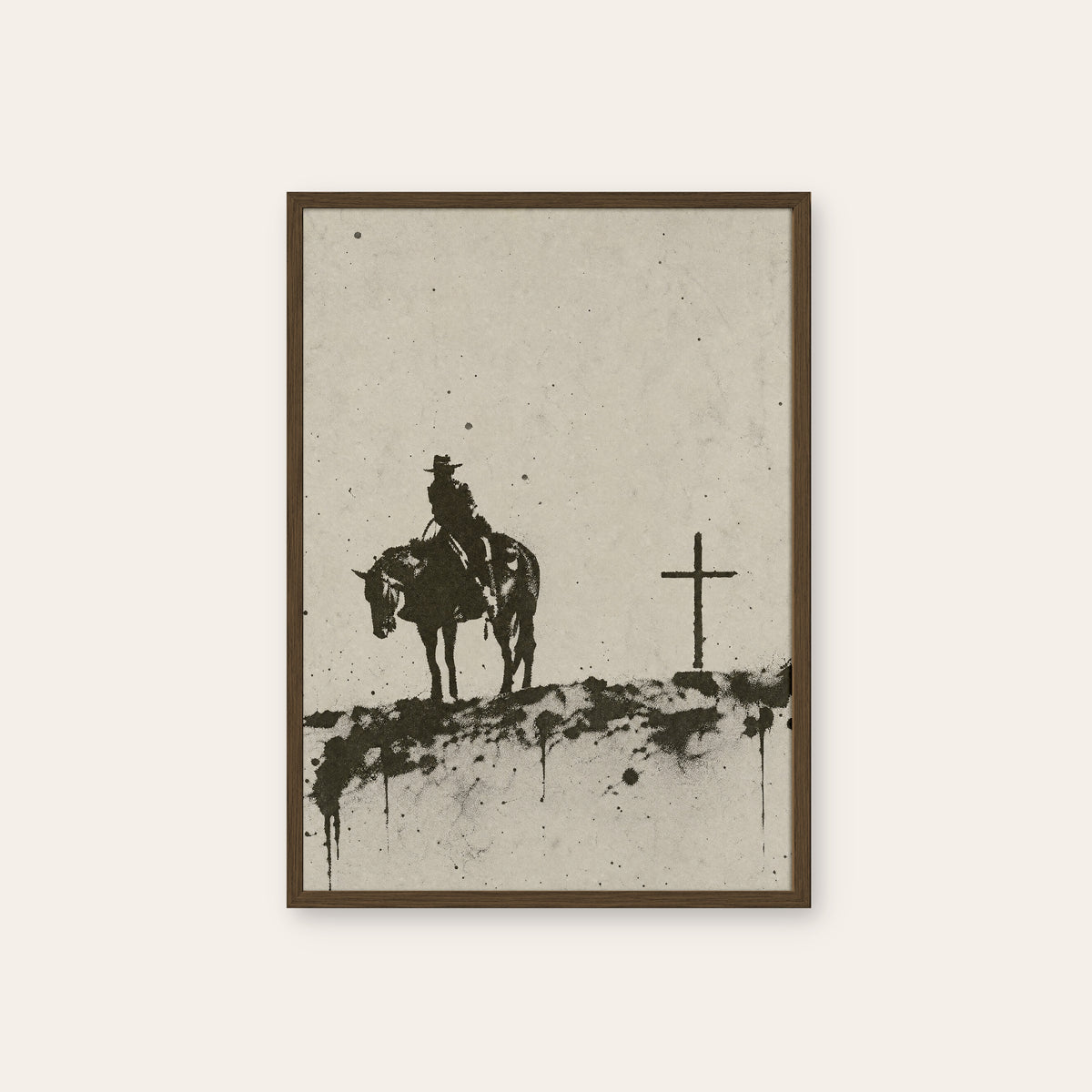 Rider at the Cross western print in a dark wood frame