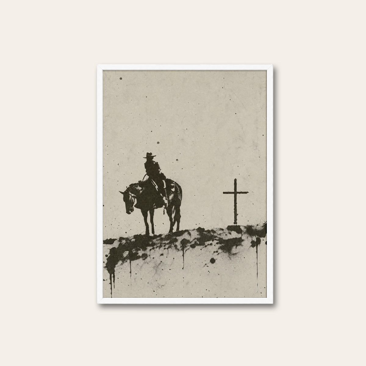Rider at the Cross western print in a white frame