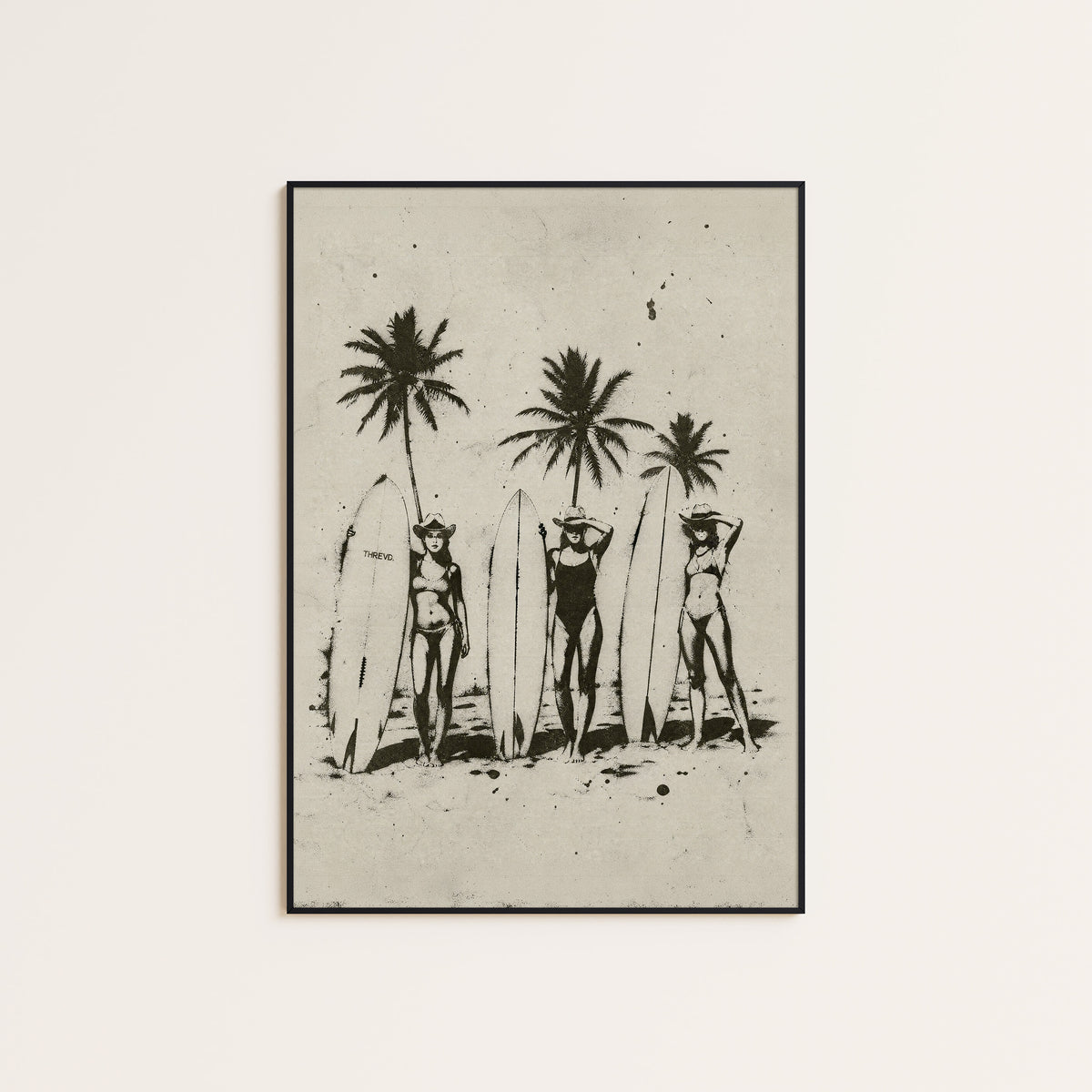 Three Surf Cowgirls western print displayed in a slim black frame