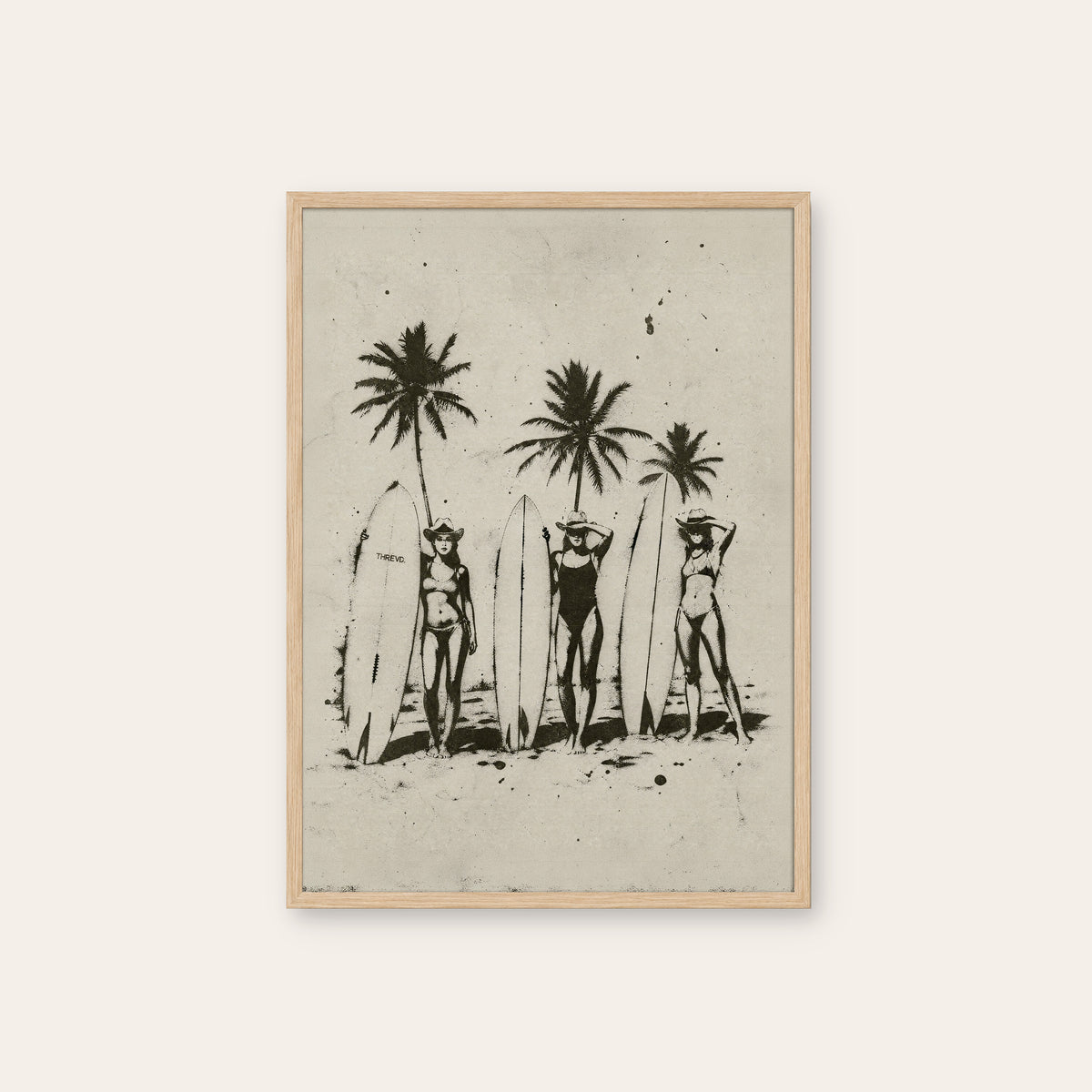 Three Surf Cowgirls western print in a natural wood frame