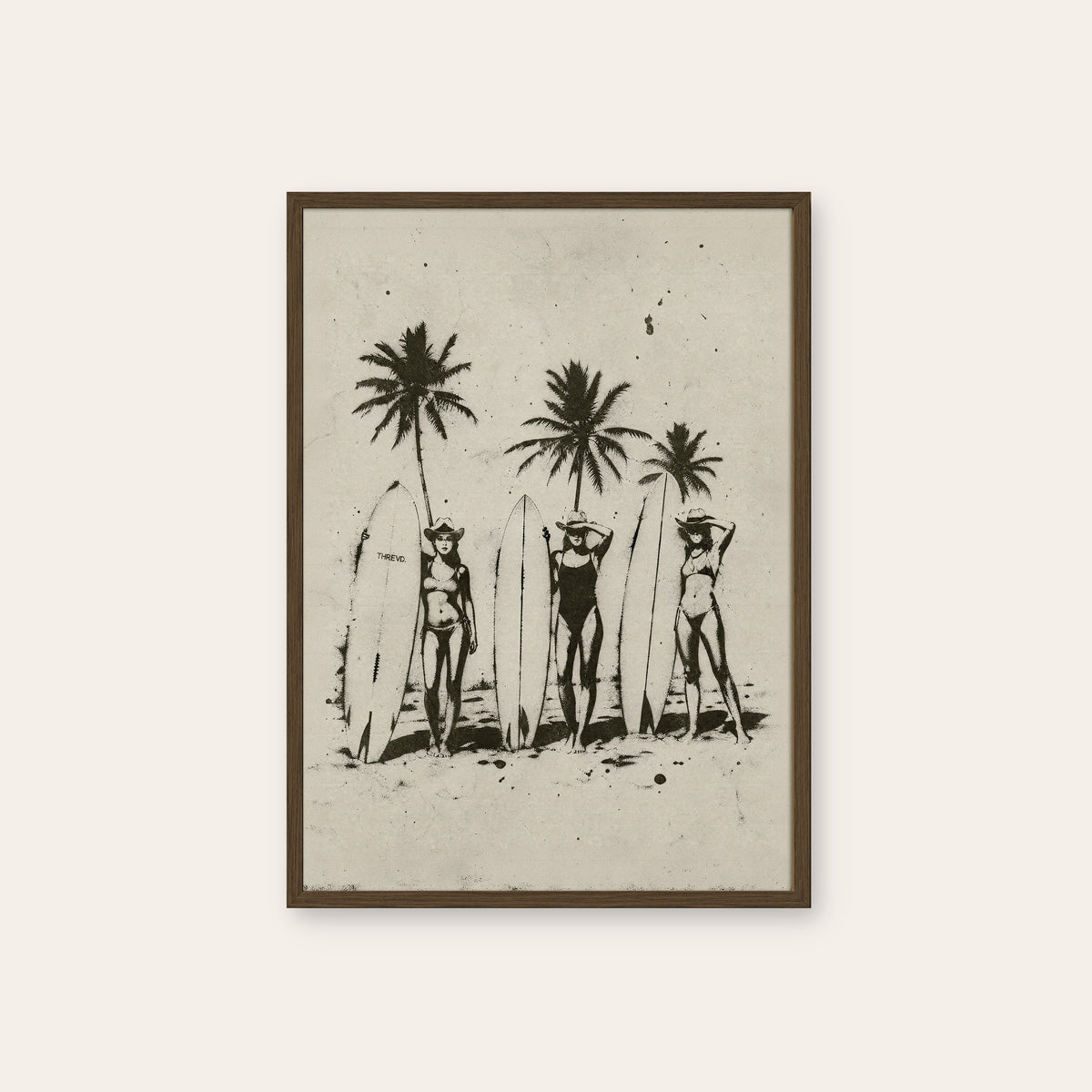 Three Surf Cowgirls western print in a dark wood frame