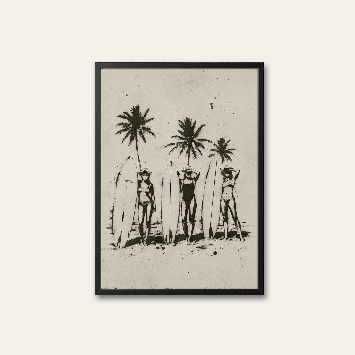 Three Surf Cowgirls western print in a black frame