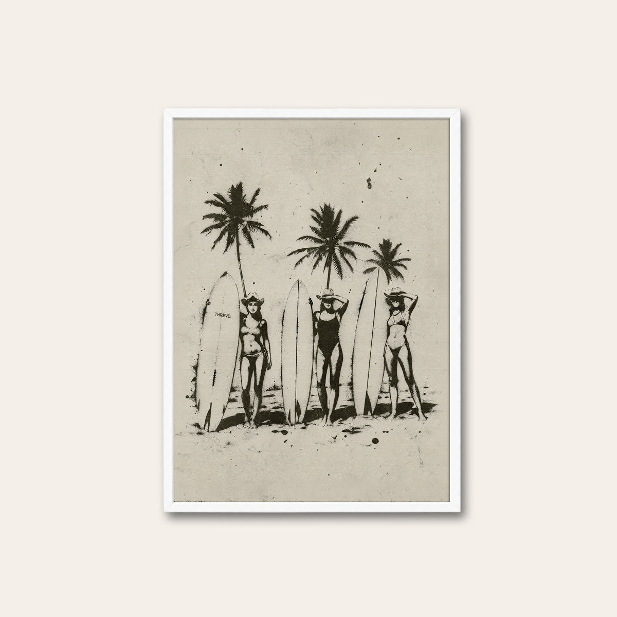 Three Surf Cowgirls western print in a white frame