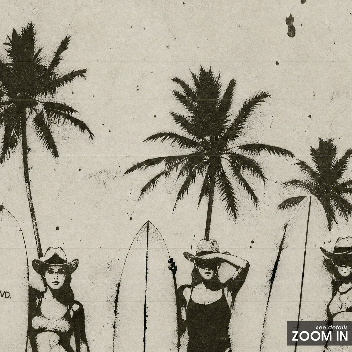 Three Surf Cowgirls artwork, close-up of the printed details
