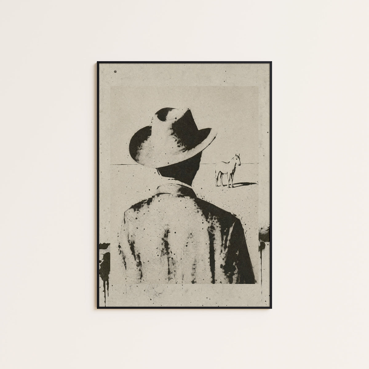 Cowboy Looking Back western print displayed in a slim black frame