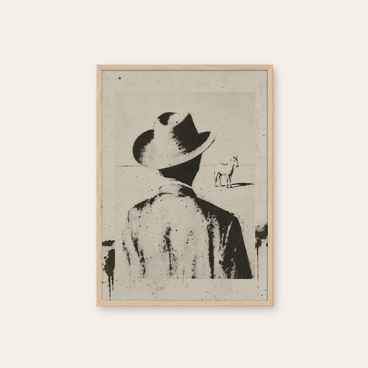 Cowboy Looking Back western print in a natural wood frame
