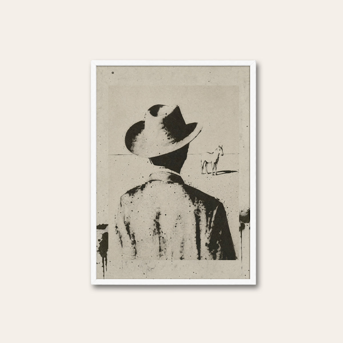 Cowboy Looking Back western print in a white frame