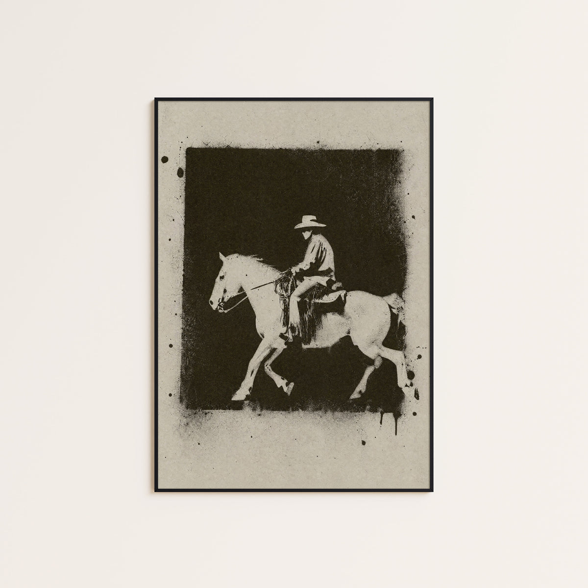White Horse at Night western print displayed in a slim black frame
