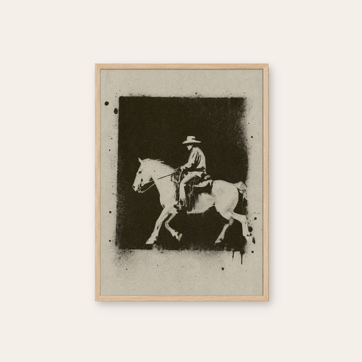 White Horse at Night western print in a natural wood frame