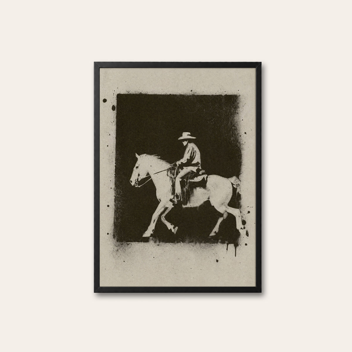 White Horse at Night western print in a black frame