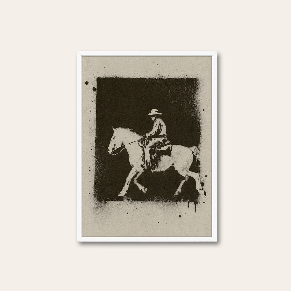 White Horse at Night western print in a white frame