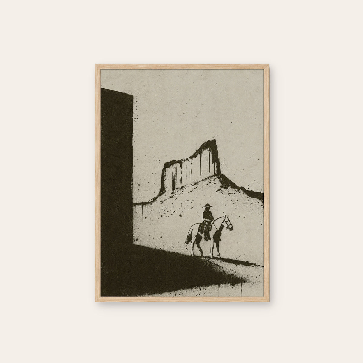 Rider in Monument Valley western print in a natural wood frame