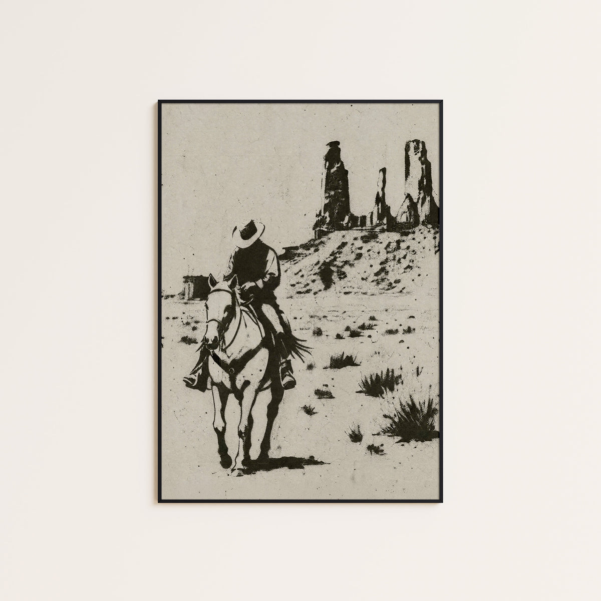Into the Desert western print displayed in a slim black frame