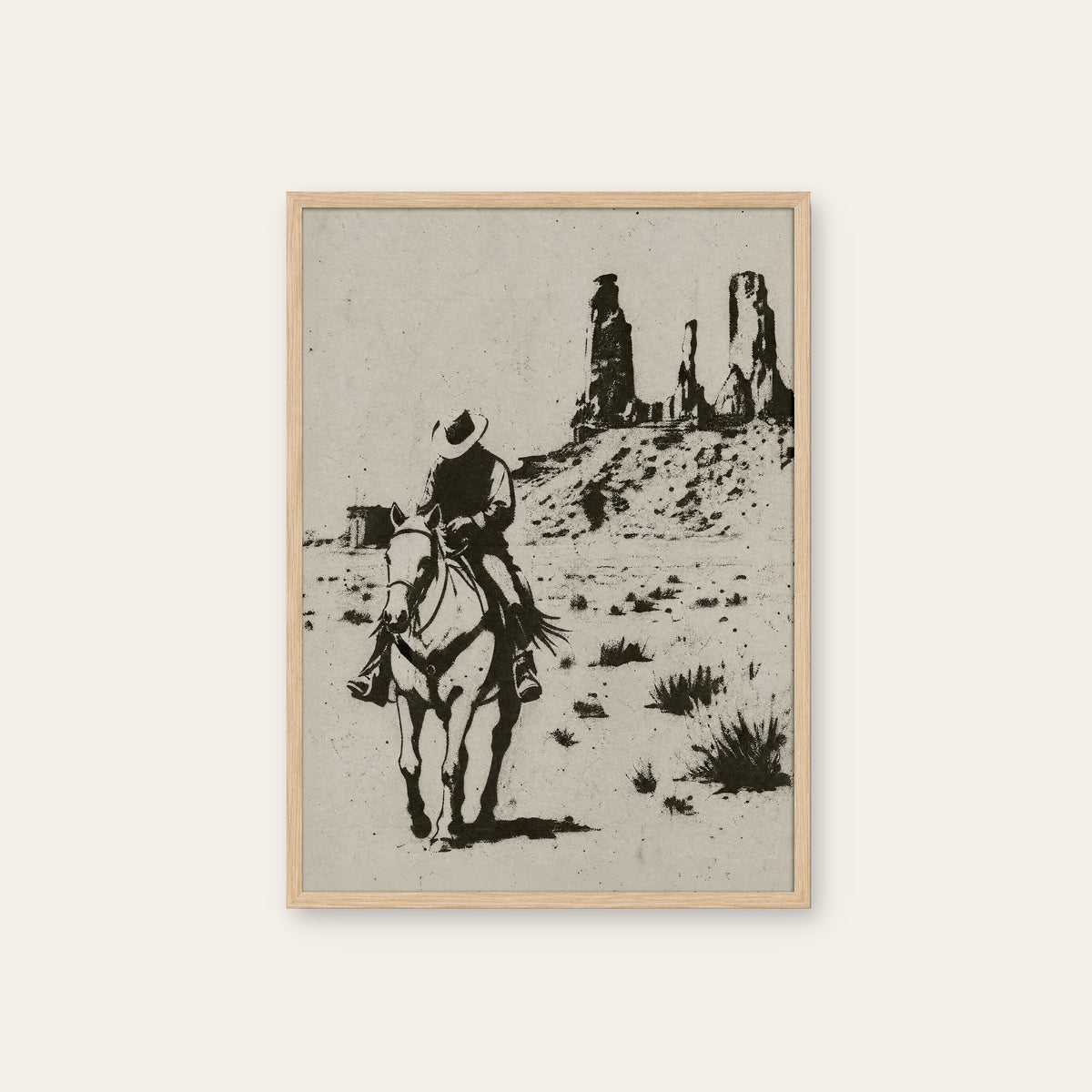 Into the Desert western print in a natural wood frame