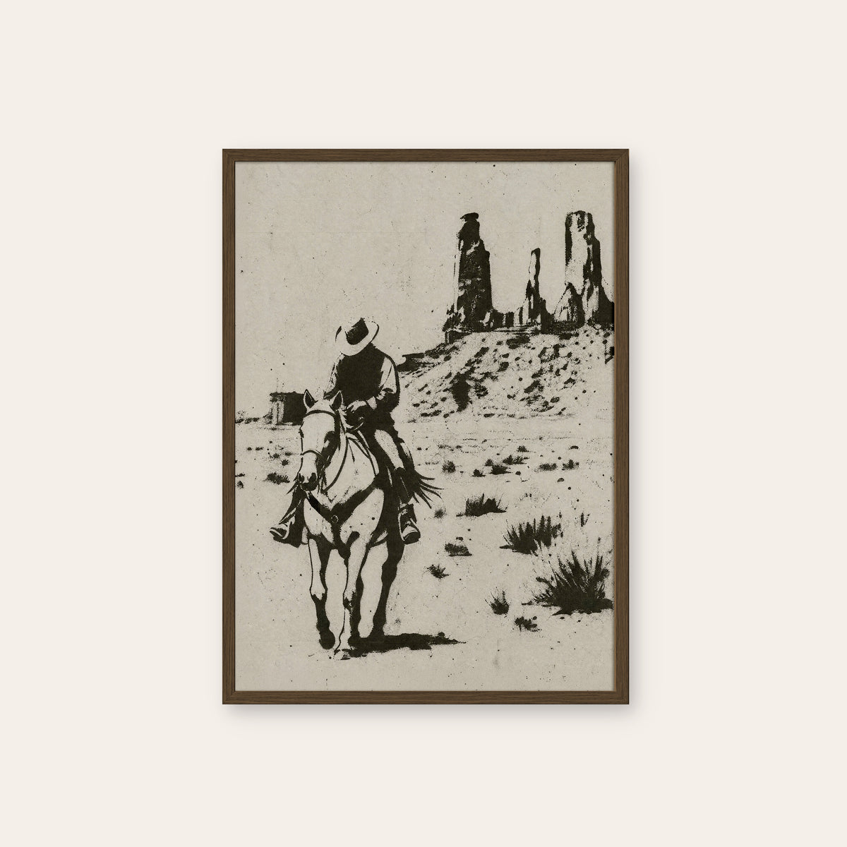 Into the Desert western print in a dark wood frame