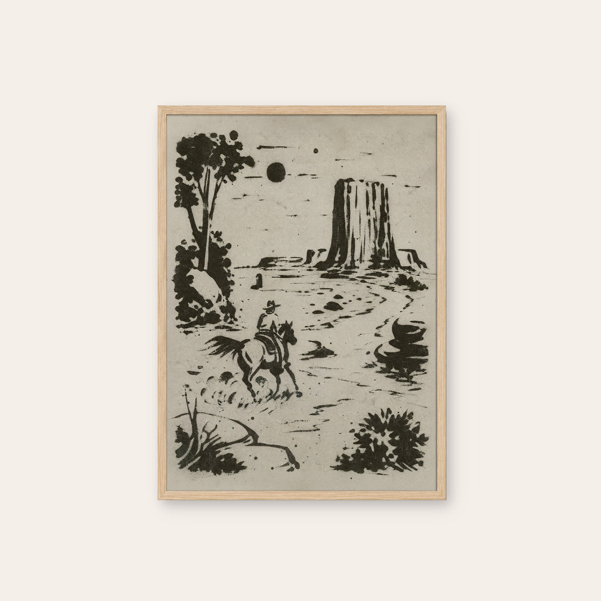 Desert Butte Trail western print in a natural wood frame