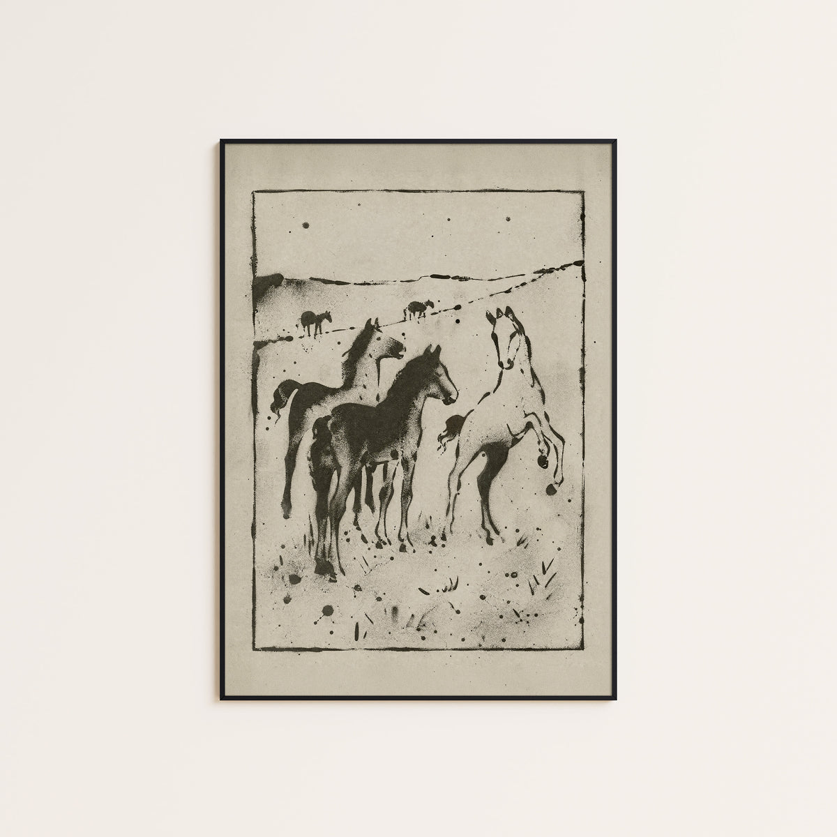 Wild Horses on the Plain western print displayed in a slim black frame