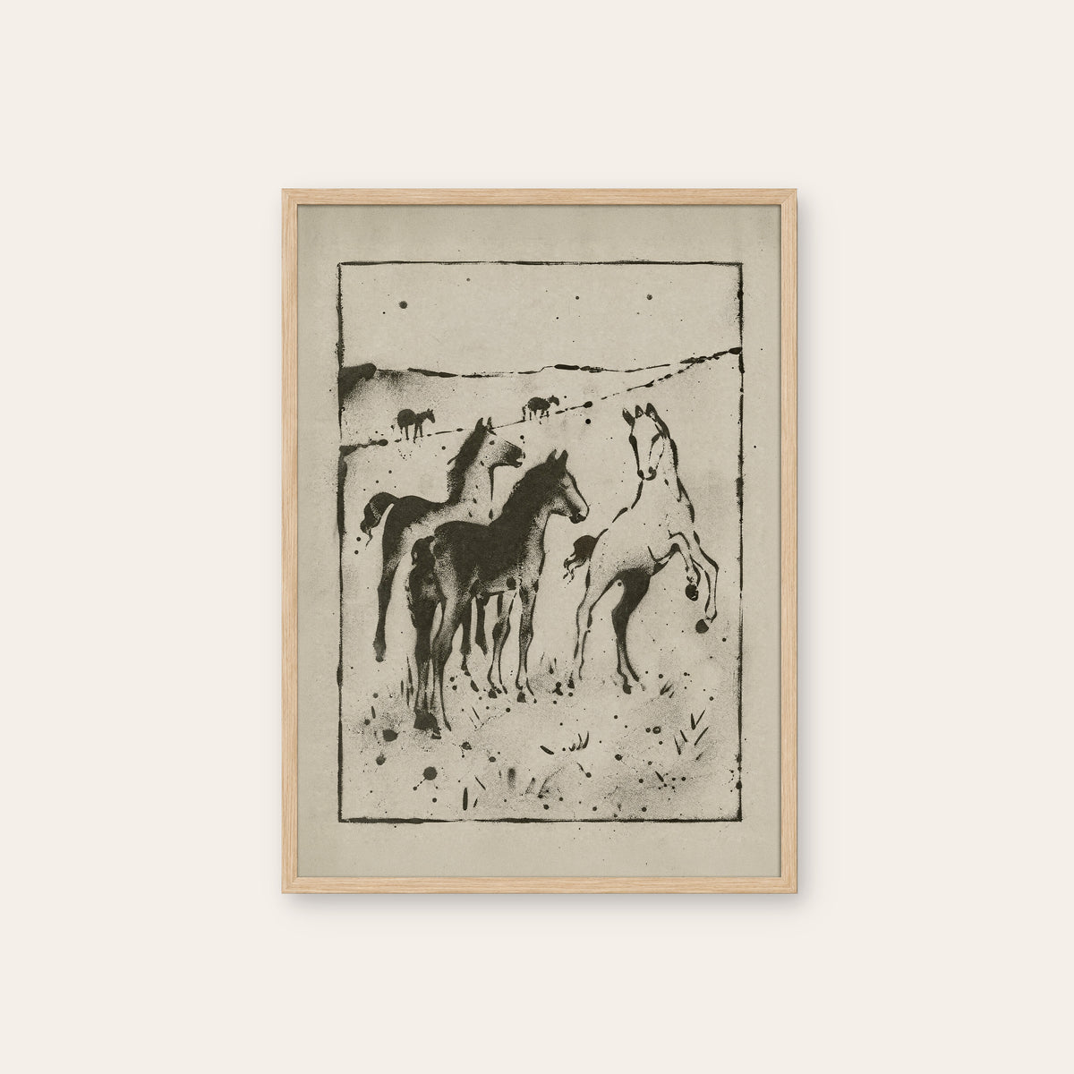 Wild Horses on the Plain western print in a natural wood frame