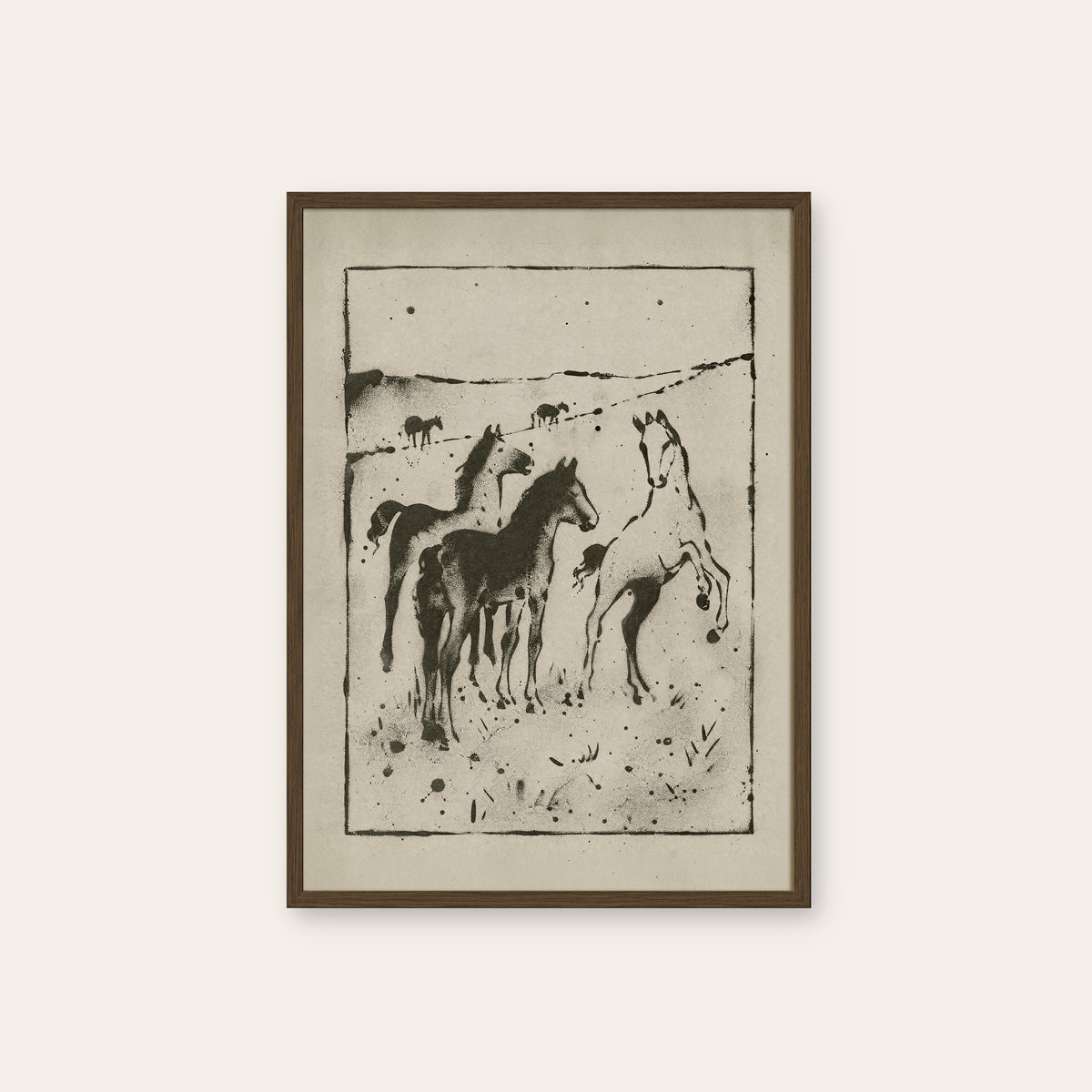 Wild Horses on the Plain western print in a dark wood frame