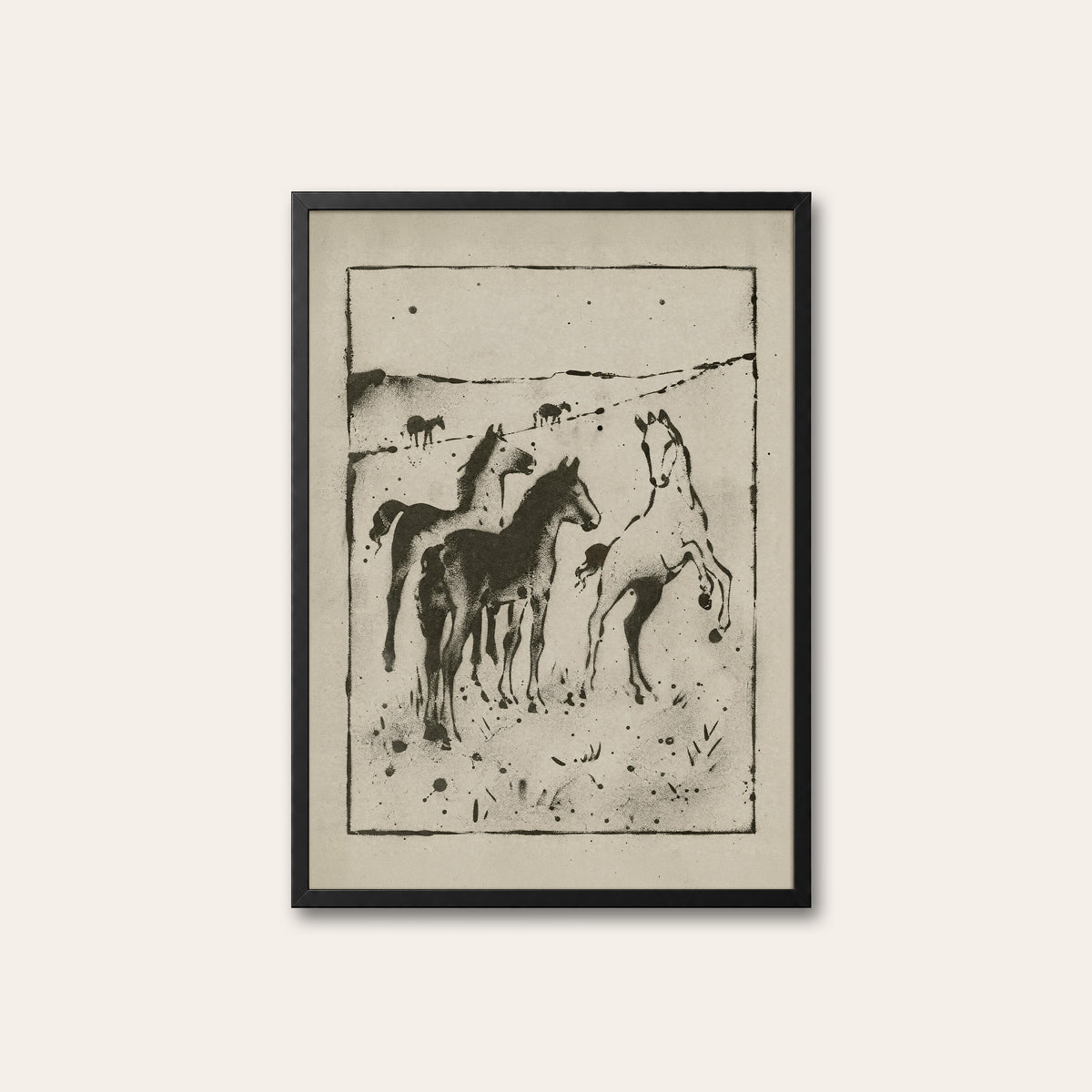 Wild Horses on the Plain western print in a black frame