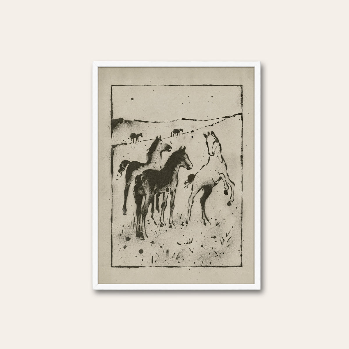 Wild Horses on the Plain western print in a white frame