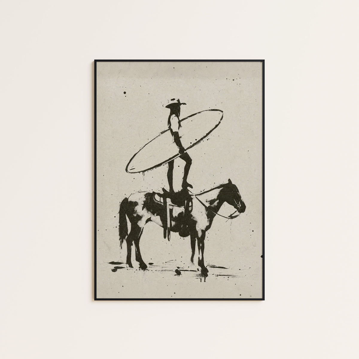Cowboy Surf Rider western print displayed in a slim black frame