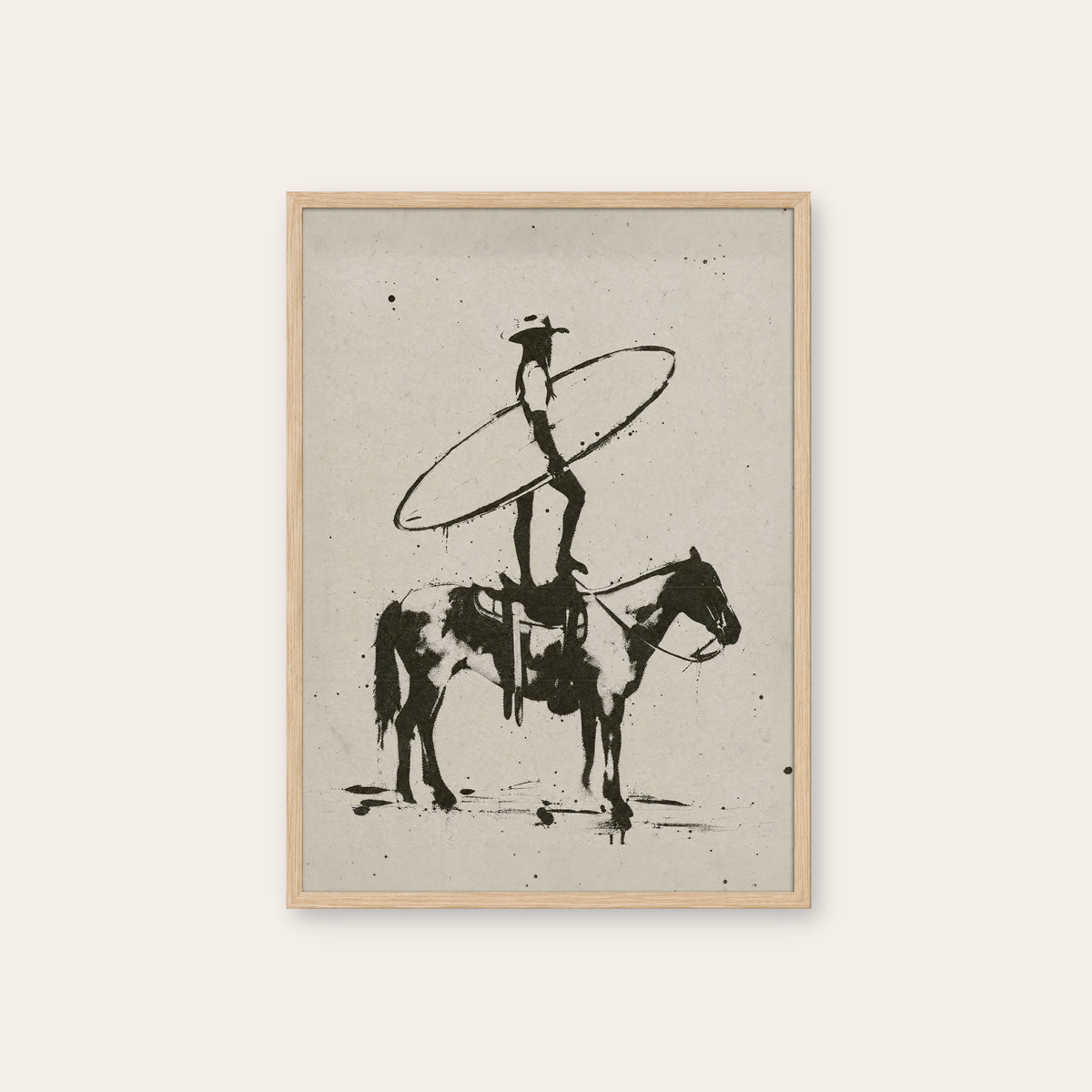 Cowboy Surf Rider western print in a natural wood frame