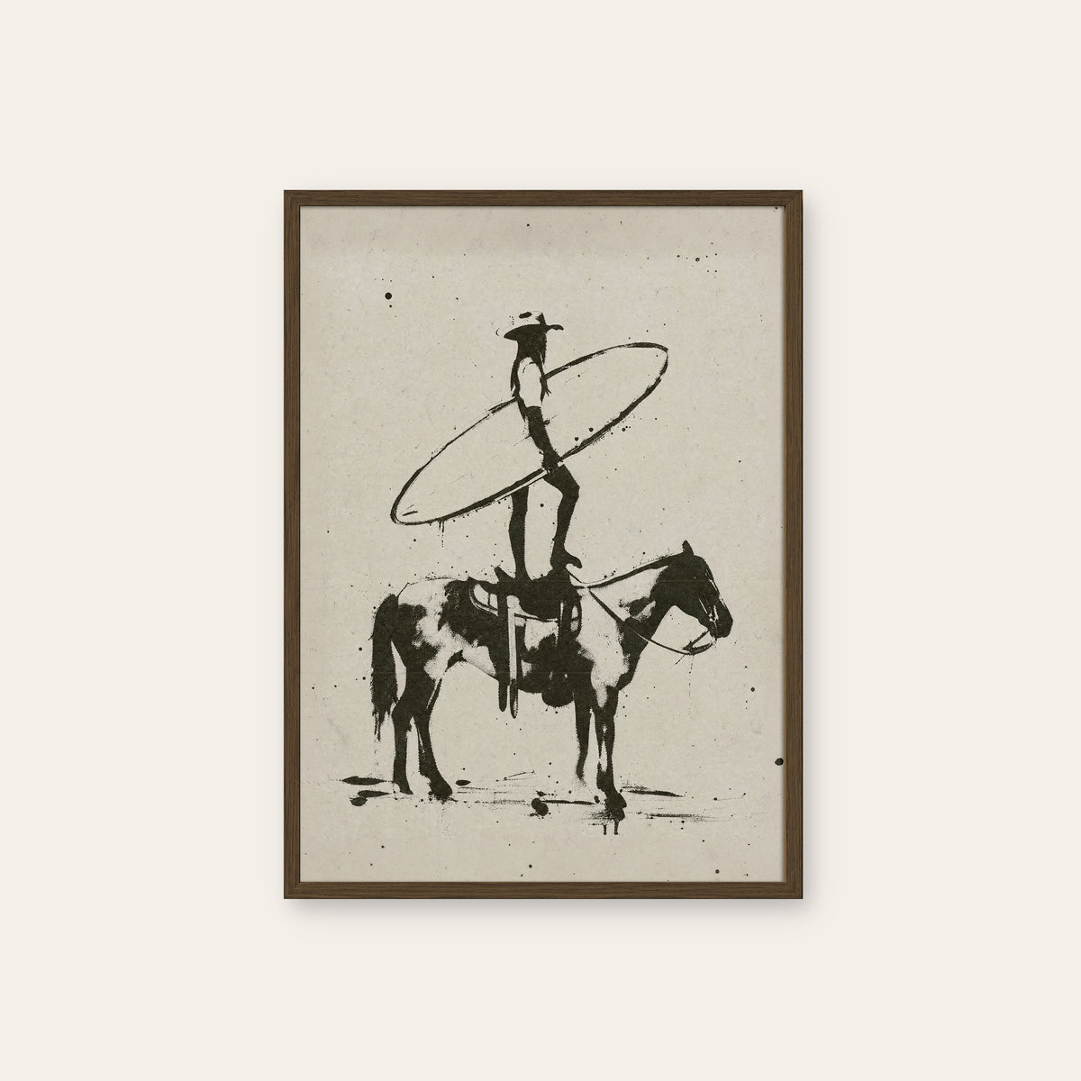 Cowboy Surf Rider western print in a dark wood frame