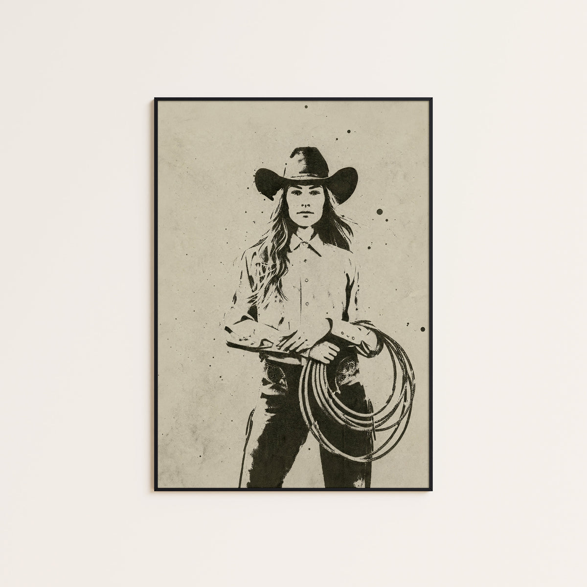 Cowgirl with Lasso western print displayed in a slim black frame