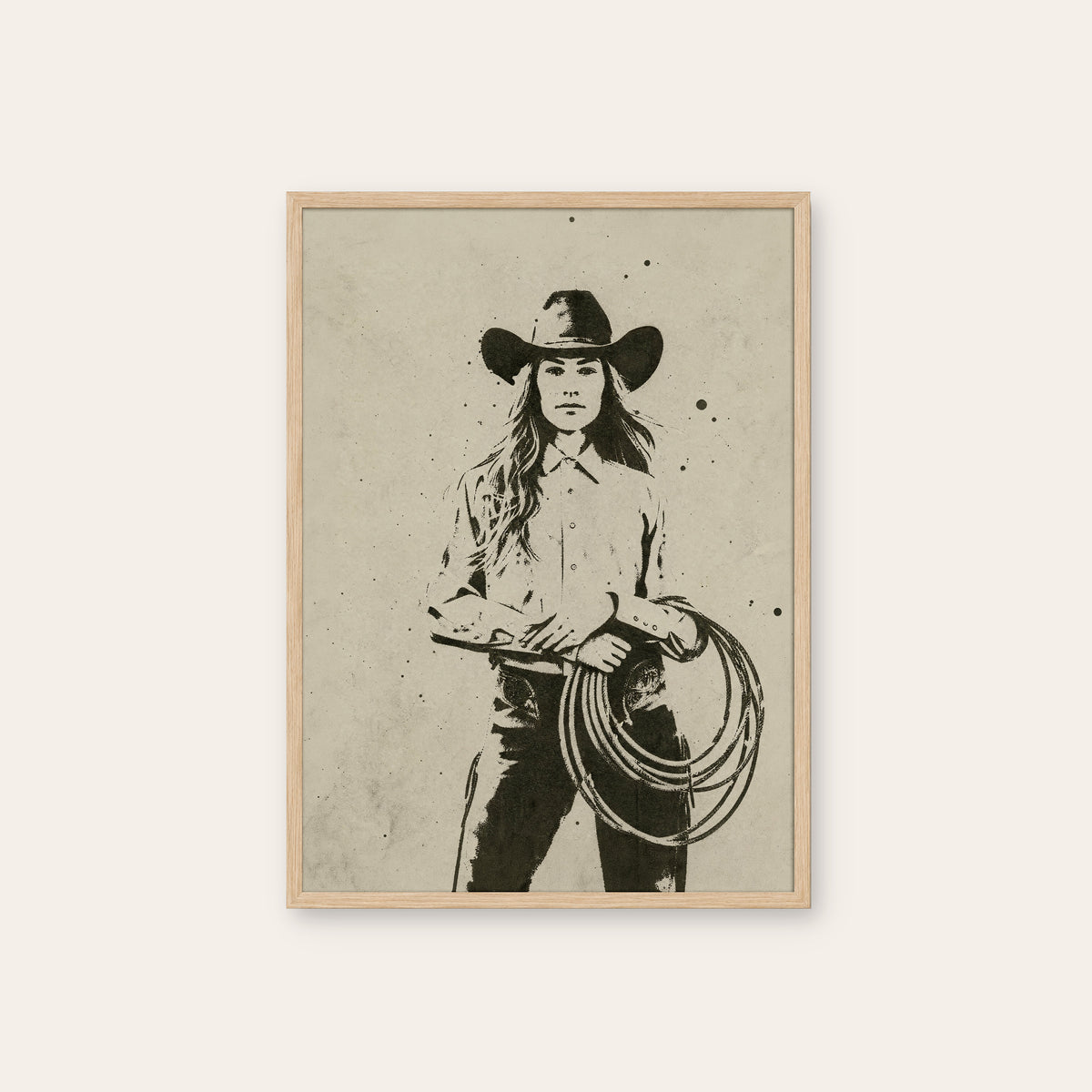 Cowgirl with Lasso western print in a natural wood frame