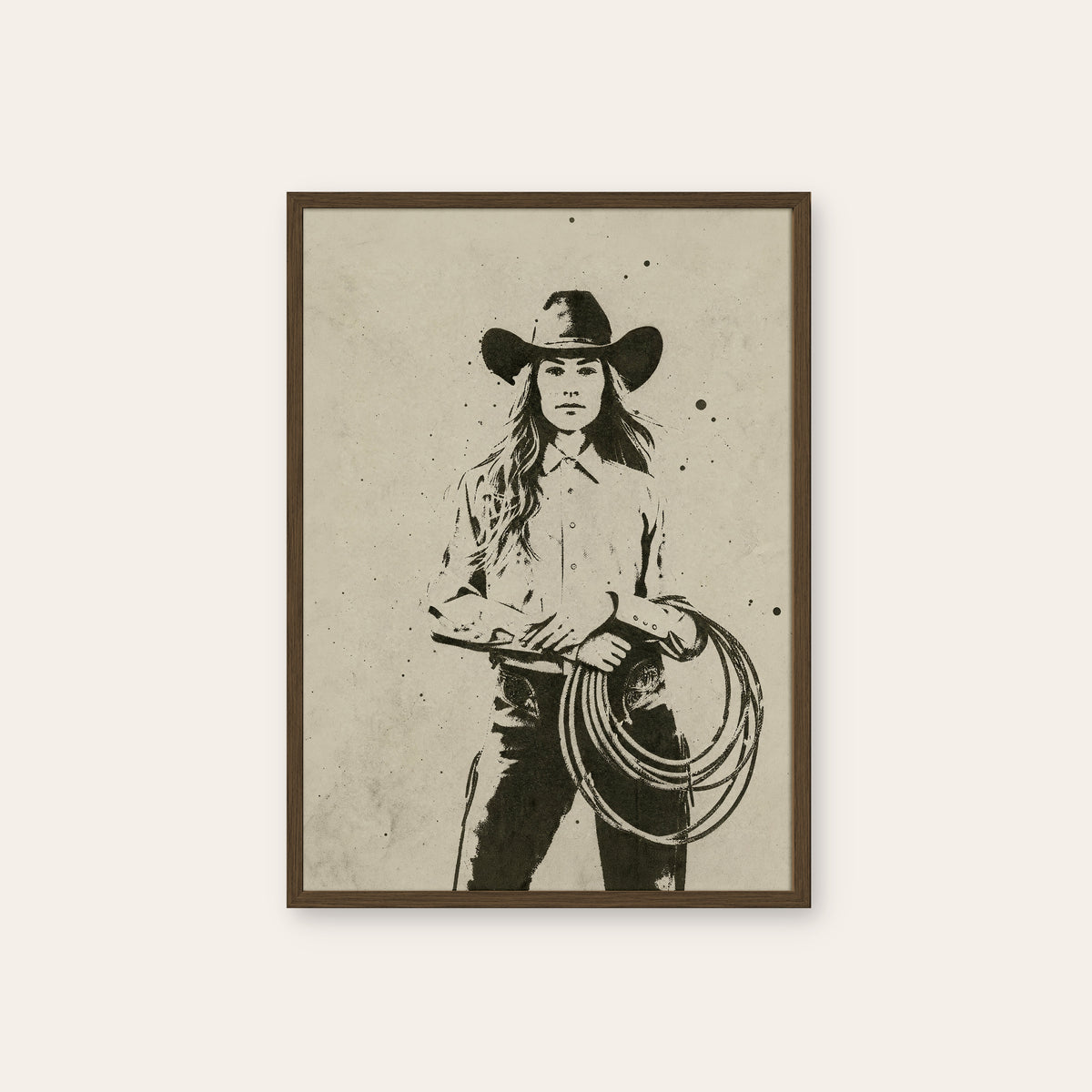 Cowgirl with Lasso western print in a dark wood frame