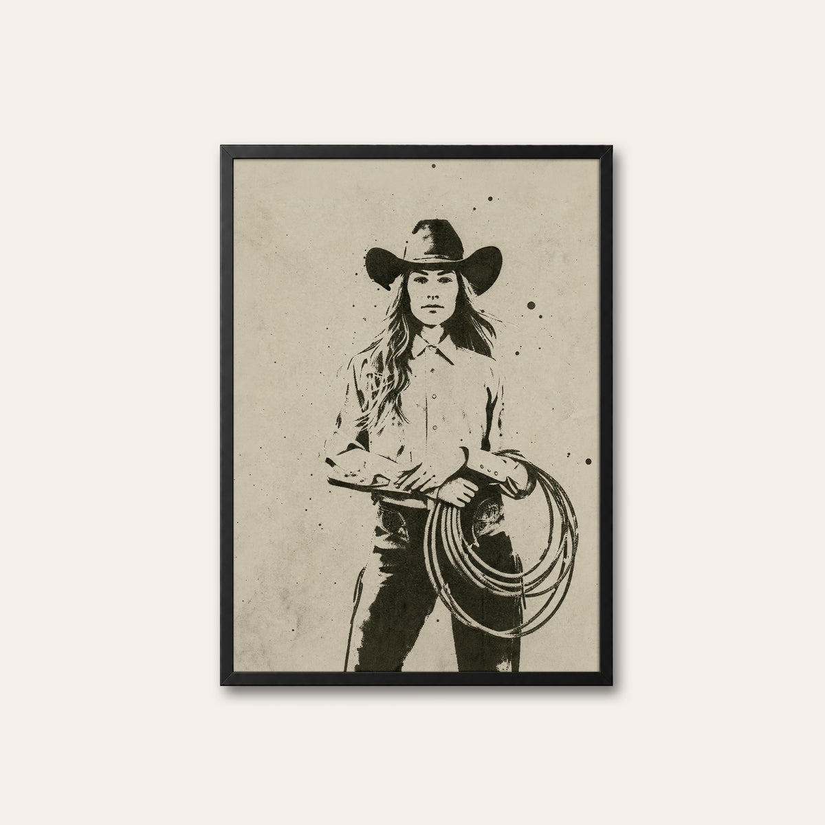 Cowgirl with Lasso western print in a black frame
