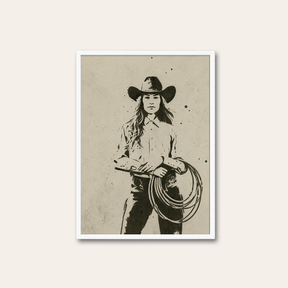 Cowgirl with Lasso western print in a white frame